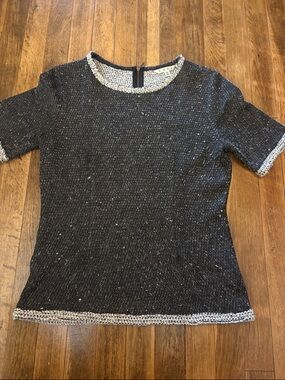 CAbi Black Tweed Short-Sleeve Top with Silver Trim